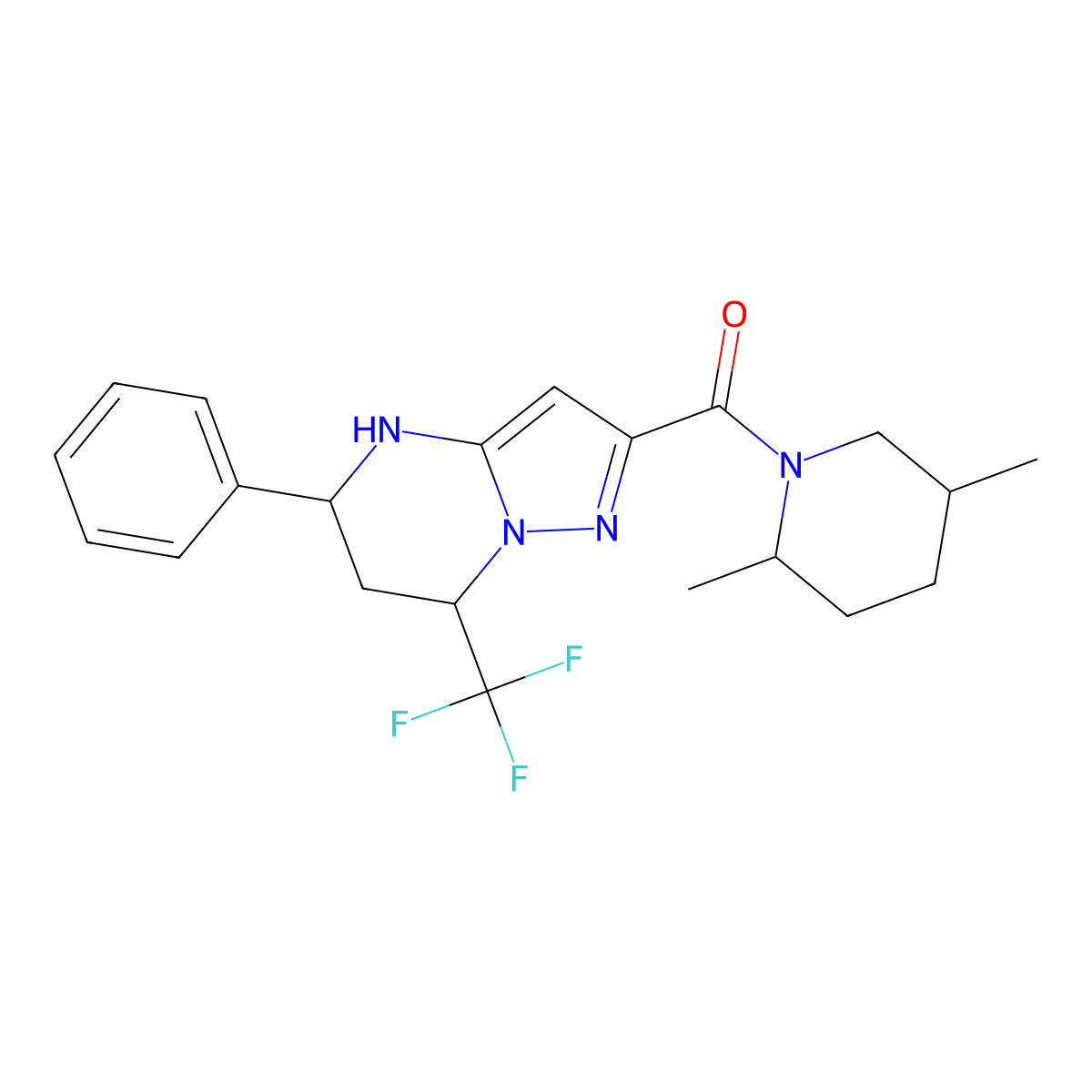 2-[(2,5-Dimethyl-1-piperidinyl)carbonyl]-5-phenyl-7-(trifluoromethyl)-4,5,6,7-tetrahydropyrazolo[1,5-a]pyrimidine molecular structure, CAS 489451-68-5