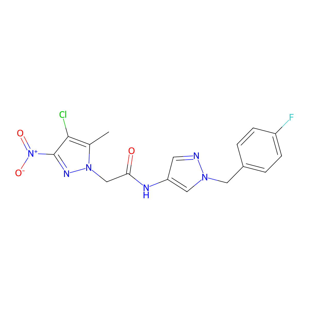 2-(4-chloro-5-methyl-3-nitropyrazol-1-yl)-N-[1-[(4-fluorophenyl)methyl]pyrazol-4-yl]acetamide molecular structure, CAS 489451-69-6