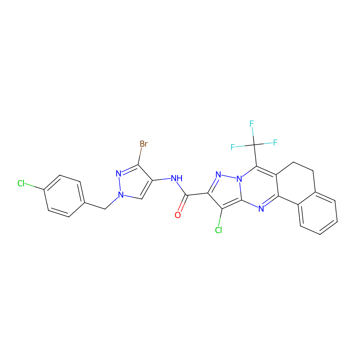 N-[3-bromo-1-(4-chlorobenzyl)-1H-pyrazol-4-yl]-11-chloro-7-(trifluoromethyl)-5,6-dihydrobenzo[h]pyrazolo[5,1-b]quinazoline-10-carboxamide molecular structure, CAS 489451-74-3
