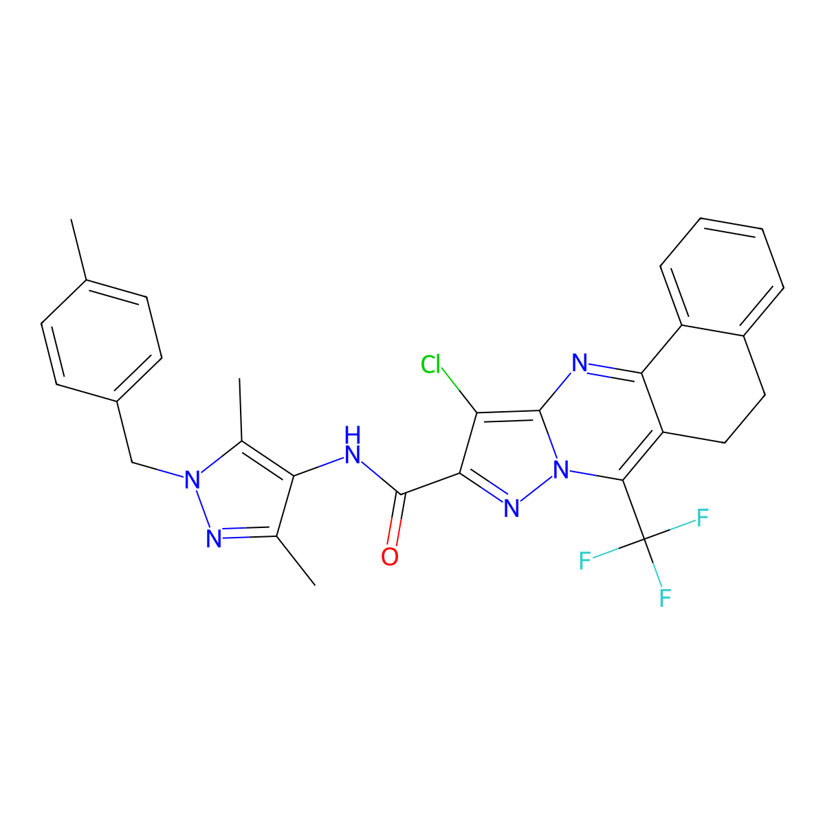 11-chloro-N-[3,5-dimethyl-1-(4-methylbenzyl)-1H-pyrazol-4-yl]-7-(trifluoromethyl)-5,6-dihydrobenzo[h]pyrazolo[5,1-b]quinazoline-10-carboxamide molecular structure, CAS 489451-77-6