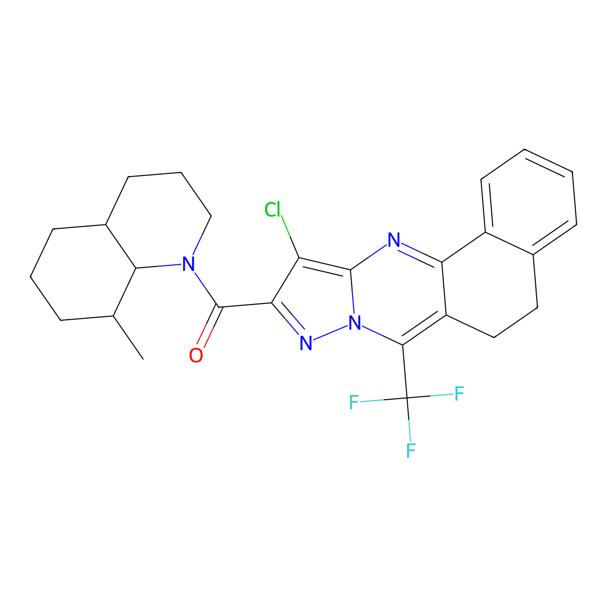 (11-chloro-7-(trifluoromethyl)-5,6-dihydrobenzo[h]pyrazolo[5,1-b]quinazolin-10-yl)(8-methyloctahydroquinolin-1(2H)-yl)methanone molecular structure, CAS 489451-83-4