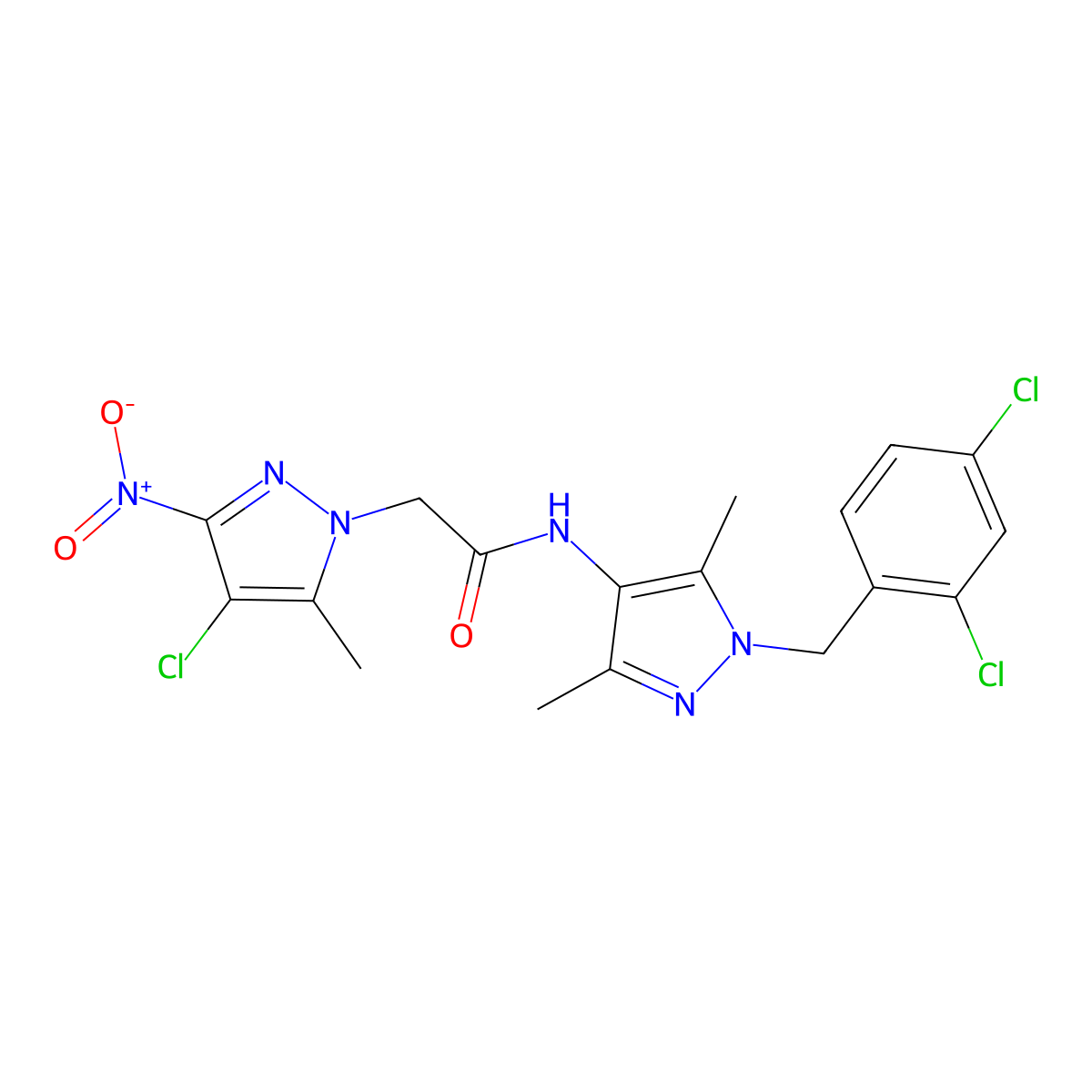 2-(4-chloro-5-methyl-3-nitropyrazol-1-yl)-N-[1-[(2,4-dichlorophenyl)methyl]-3,5-dimethylpyrazol-4-yl]acetamide molecular structure, CAS 489451-87-8