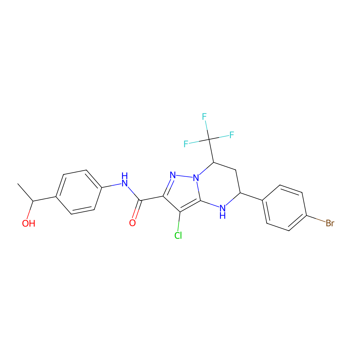 5-(4-bromophenyl)-3-chloro-N-[4-(1-hydroxyethyl)phenyl]-7-(trifluoromethyl)-4,5,6,7-tetrahydropyrazolo[1,5-a]pyrimidine-2-carboxamide molecular structure, CAS 489451-94-7