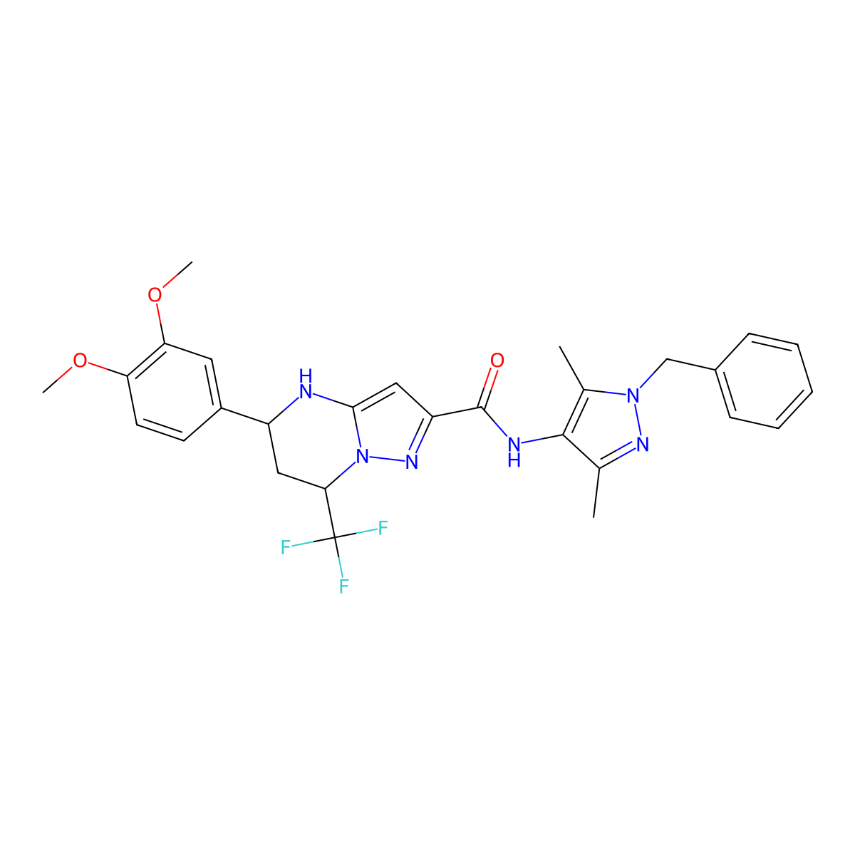 N-(1-benzyl-3,5-dimethyl-1H-pyrazol-4-yl)-5-(3,4-dimethoxyphenyl)-7-(trifluoromethyl)-4,5,6,7-tetrahydropyrazolo[1,5-a]pyrimidine-2-carboxamide molecular structure, CAS 489451-95-8