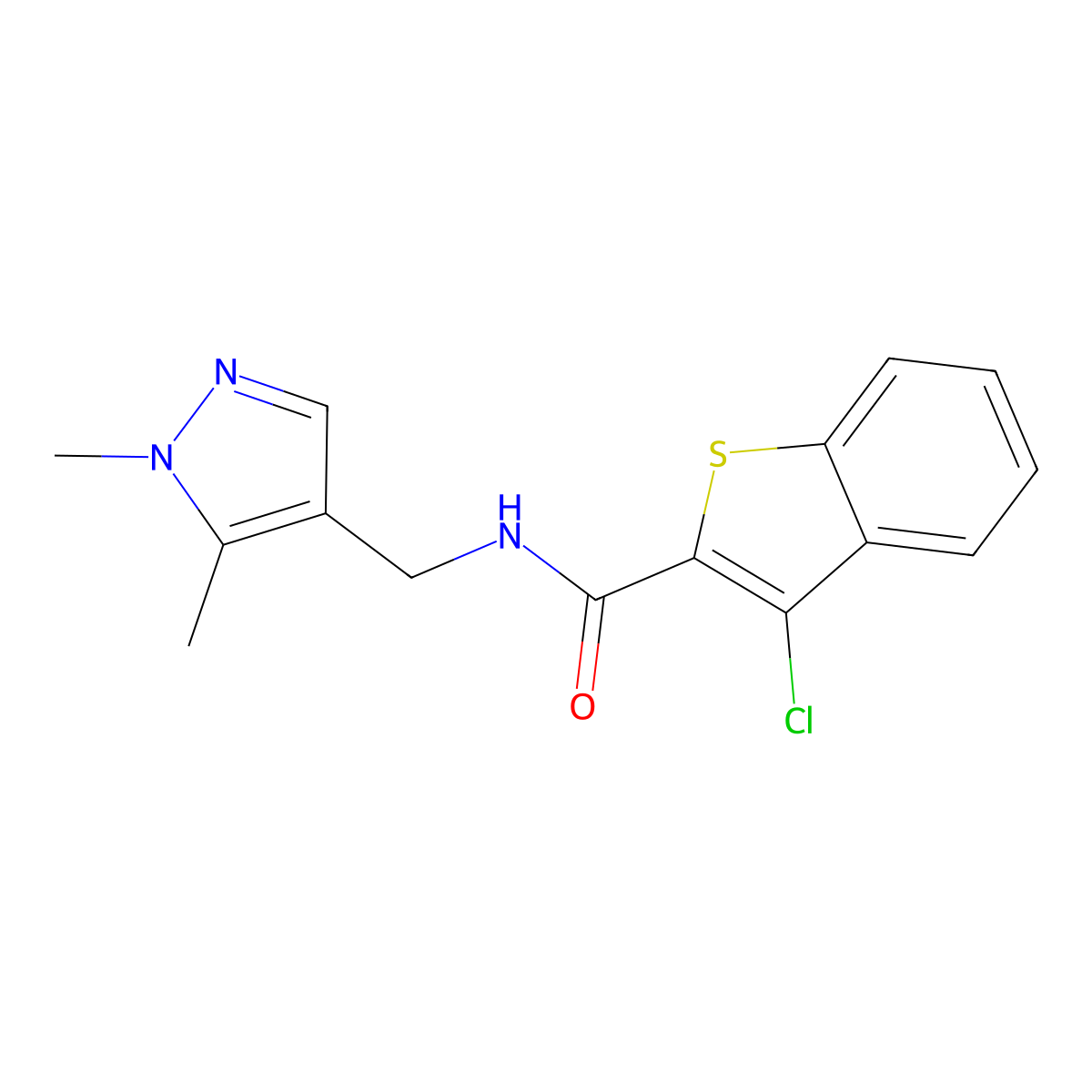 3-chloro-N-[(1,5-dimethyl-1H-pyrazol-4-yl)methyl]-1-benzothiophene-2-carboxamide molecular structure, CAS 489452-01-9
