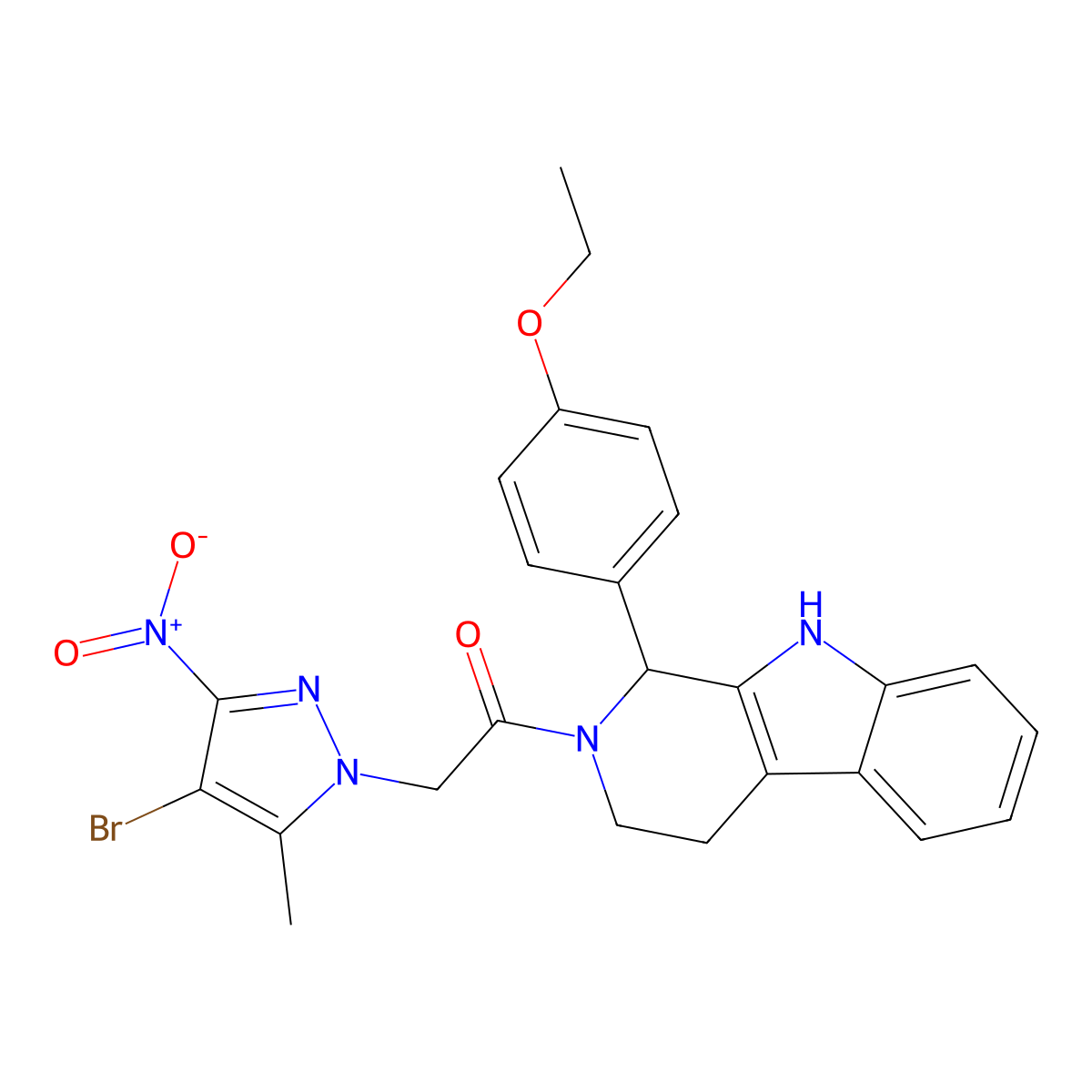 2-(4-Bromo-5-methyl-3-nitropyrazol-1-yl)-1-[1-(4-ethoxyphenyl)-1,3,4,9-tetrahydropyrido[3,4-b]indol-2-yl]ethanone molecular structure, CAS 489452-03-1