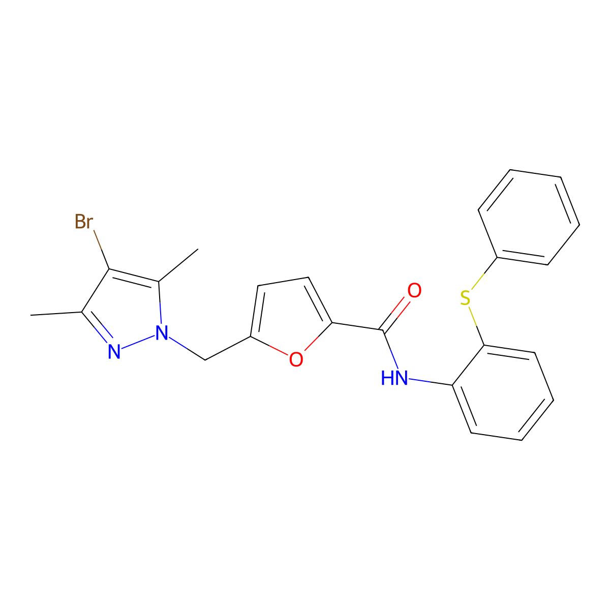5-[(4-bromo-3,5-dimethylpyrazol-1-yl)methyl]-N-(2-phenylsulfanylphenyl)furan-2-carboxamide molecular structure, CAS 489452-56-4