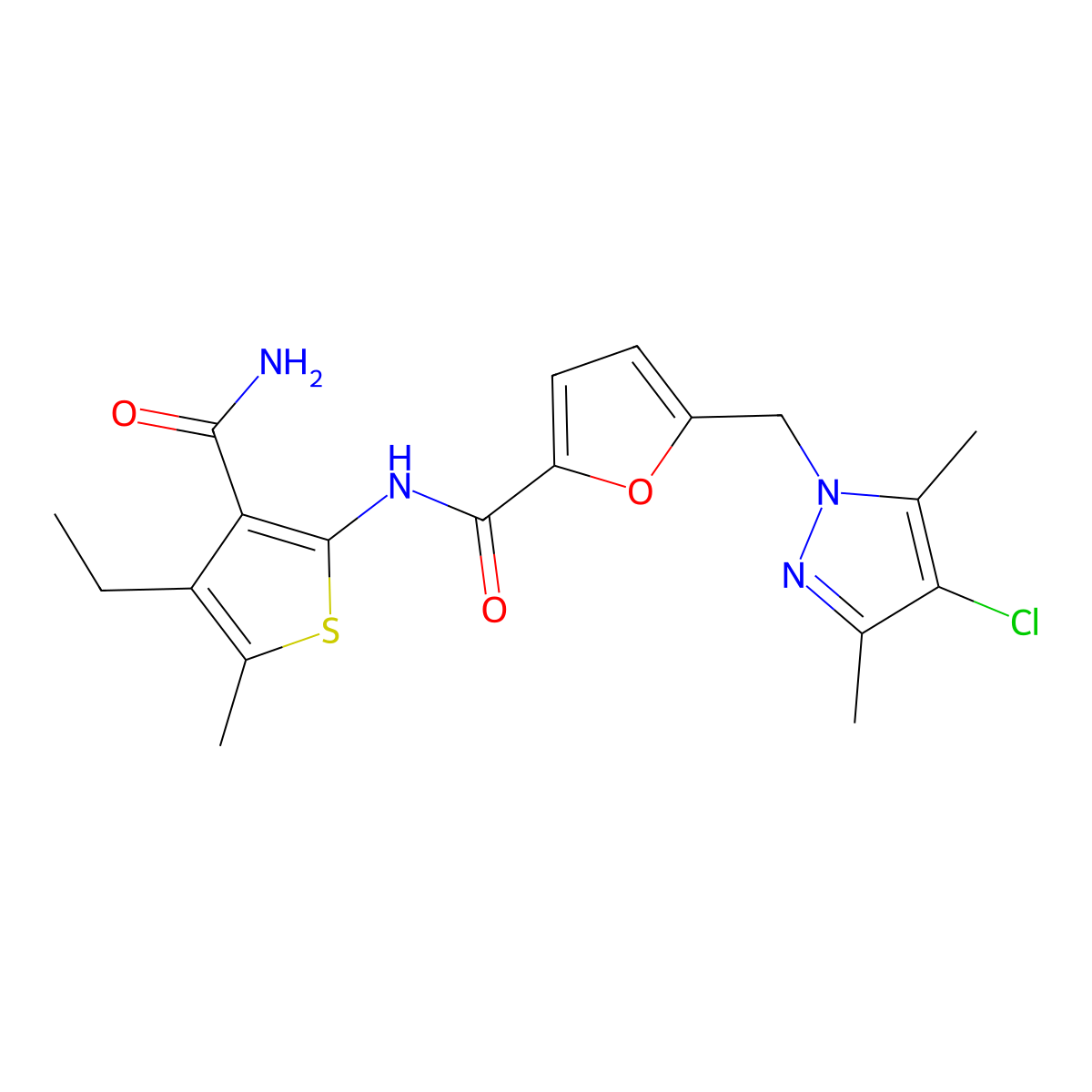 N-(3-carbamoyl-4-ethyl-5-methylthiophen-2-yl)-5-[(4-chloro-3,5-dimethylpyrazol-1-yl)methyl]furan-2-carboxamide molecular structure, CAS 489452-64-4