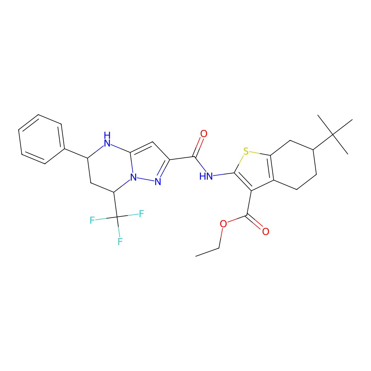 Ethyl 6-tert-butyl-2-({[5-phenyl-7-(trifluoromethyl)-4,5,6,7-tetrahydropyrazolo[1,5-a]pyrimidin-2-yl]carbonyl}amino)-4,5,6,7-tetrahydro-1-benzothiophene-3-carboxylate molecular structure, CAS 489452-71-3