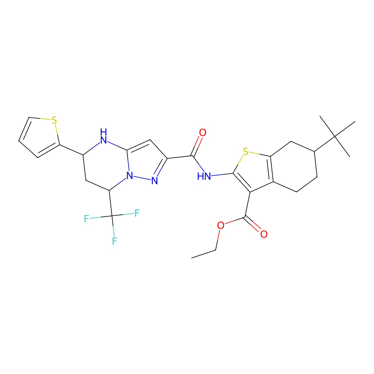 Ethyl 6-tert-butyl-2-({[5-(2-thienyl)-7-(trifluoromethyl)-4,5,6,7-tetrahydropyrazolo[1,5-a]pyrimidin-2-yl]carbonyl}amino)-4,5,6,7-tetrahydro-1-benzothiophene-3-carboxylate molecular structure, CAS 489452-72-4