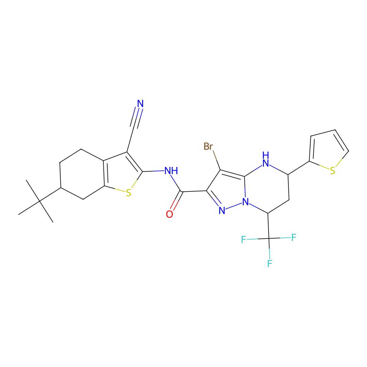 3-bromo-N-(6-tert-butyl-3-cyano-4,5,6,7-tetrahydro-1-benzothien-2-yl)-5-(2-thienyl)-7-(trifluoromethyl)-4,5,6,7-tetrahydropyrazolo[1,5-a]pyrimidine-2-carboxamide molecular structure, CAS 489452-74-6