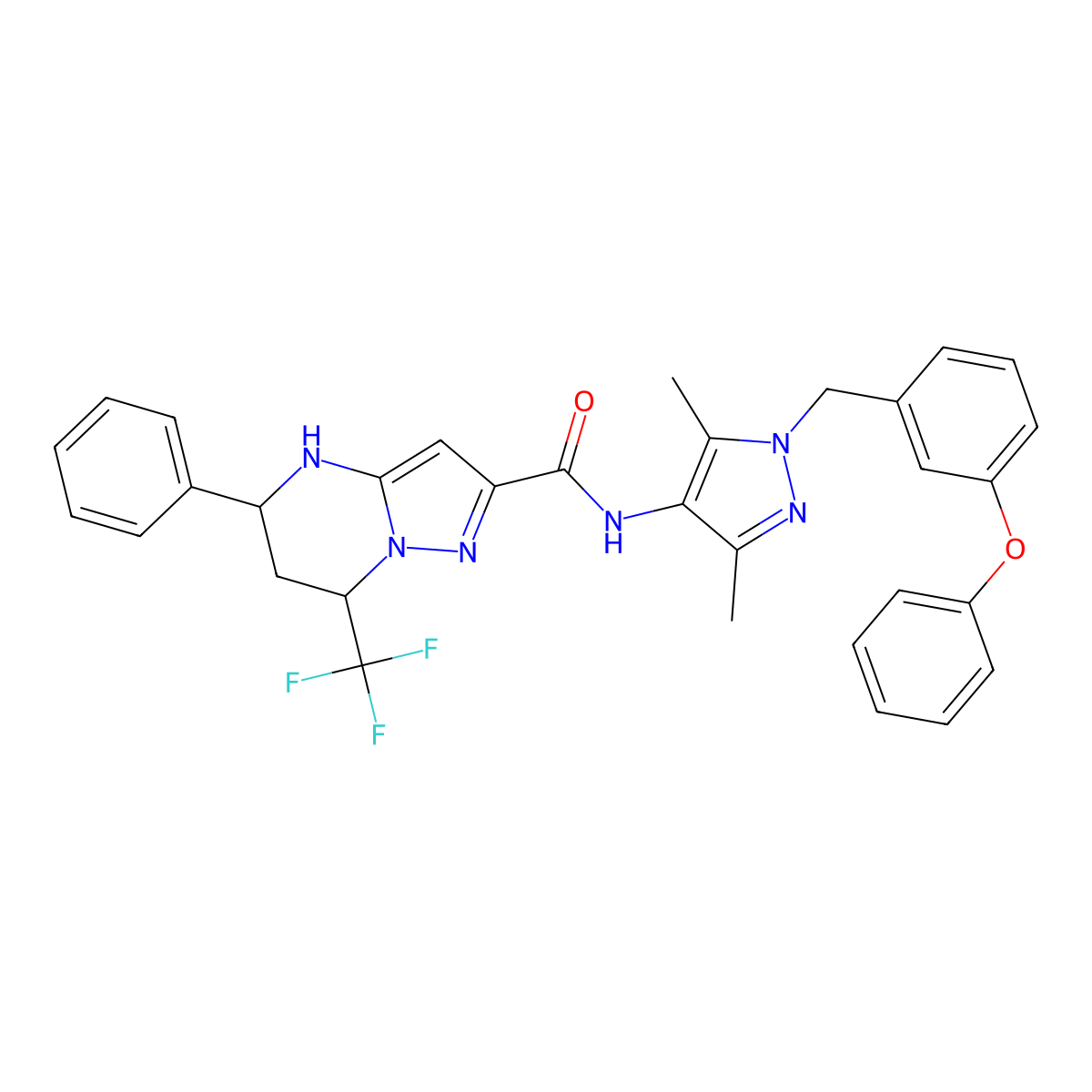 N-[3,5-dimethyl-1-[(3-phenoxyphenyl)methyl]pyrazol-4-yl]-5-phenyl-7-(trifluoromethyl)-4,5,6,7-tetrahydropyrazolo[1,5-a]pyrimidine-2-carboxamide molecular structure, CAS 489452-83-7