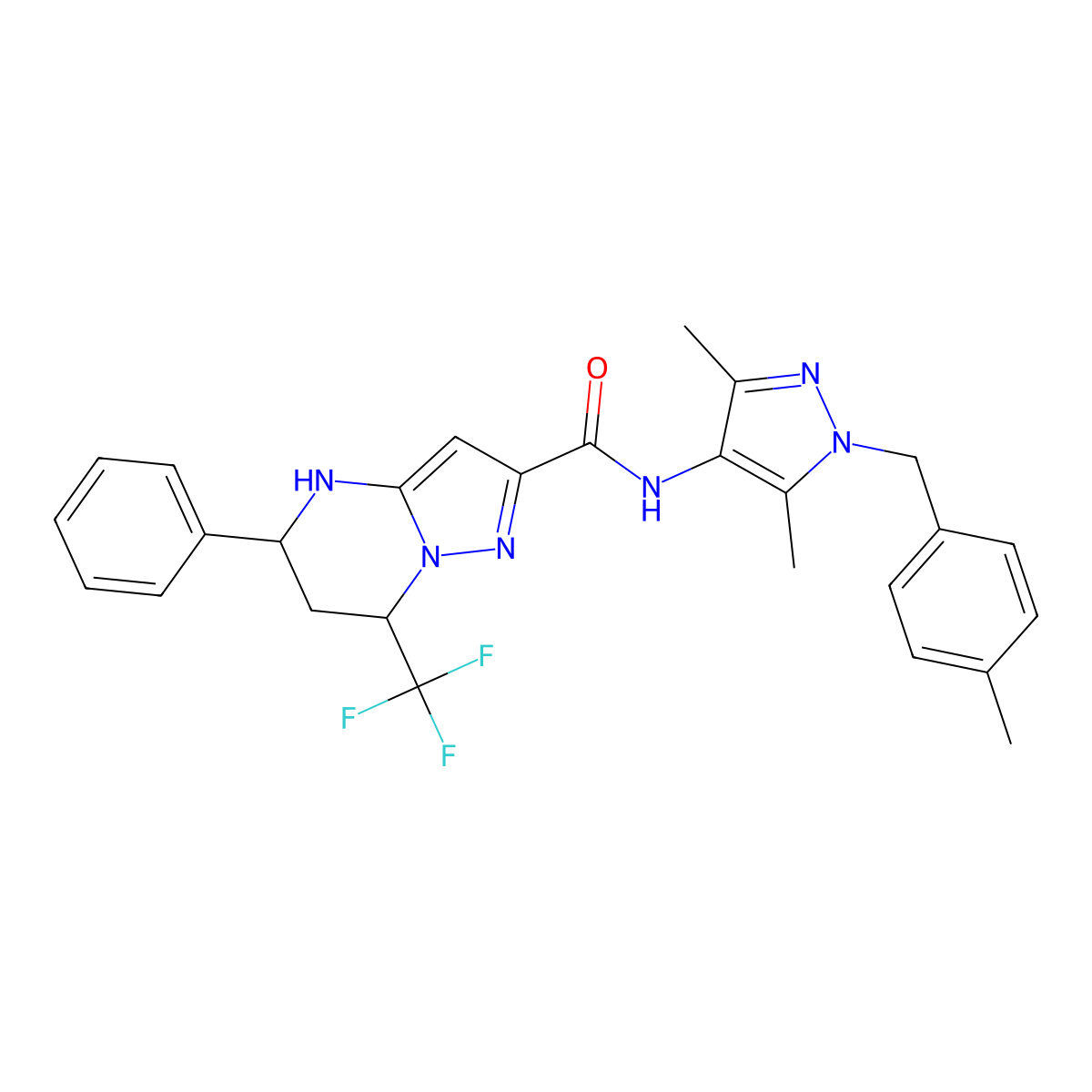 N-[3,5-dimethyl-1-(4-methylbenzyl)-1H-pyrazol-4-yl]-5-phenyl-7-(trifluoromethyl)-4,5,6,7-tetrahydropyrazolo[1,5-a]pyrimidine-2-carboxamide molecular structure, CAS 489452-84-8