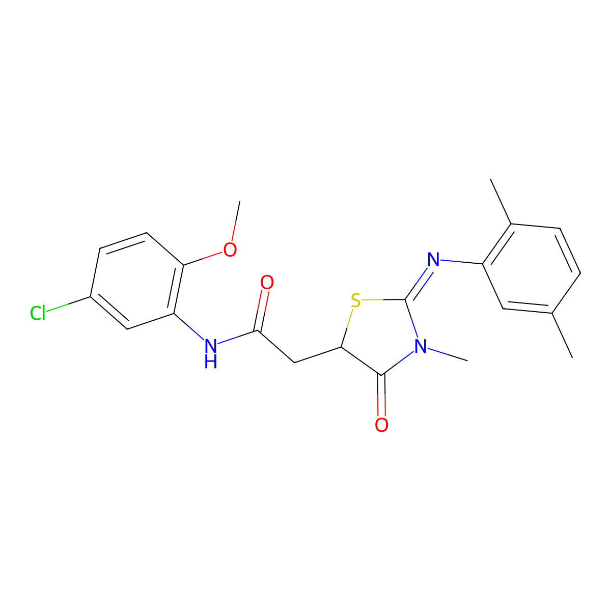 N-(5-chloro-2-methoxyphenyl)-2-{2-[(2,5-dimethylphenyl)imino]-3-methyl-4-oxo-1,3-thiazolidin-5-yl}acetamide molecular structure, CAS 489454-09-3