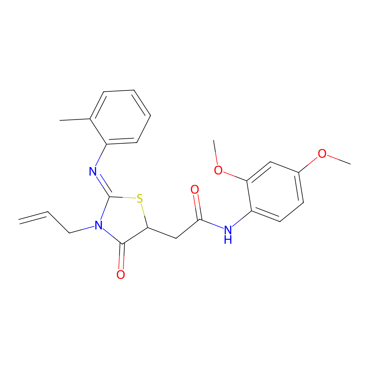 2-{3-allyl-2-[(2-methylphenyl)imino]-4-oxo-1,3-thiazolidin-5-yl}-N-(2,4-dimethoxyphenyl)acetamide molecular structure, CAS 489454-28-6