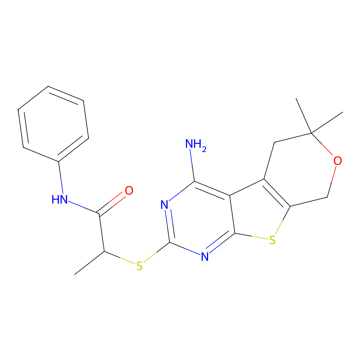2-[(4-amino-6,6-dimethyl-5,8-dihydropyrano[4,5]thieno[1,2-c]pyrimidin-2-yl)sulfanyl]-N-phenylpropanamide molecular structure, CAS 489462-21-7