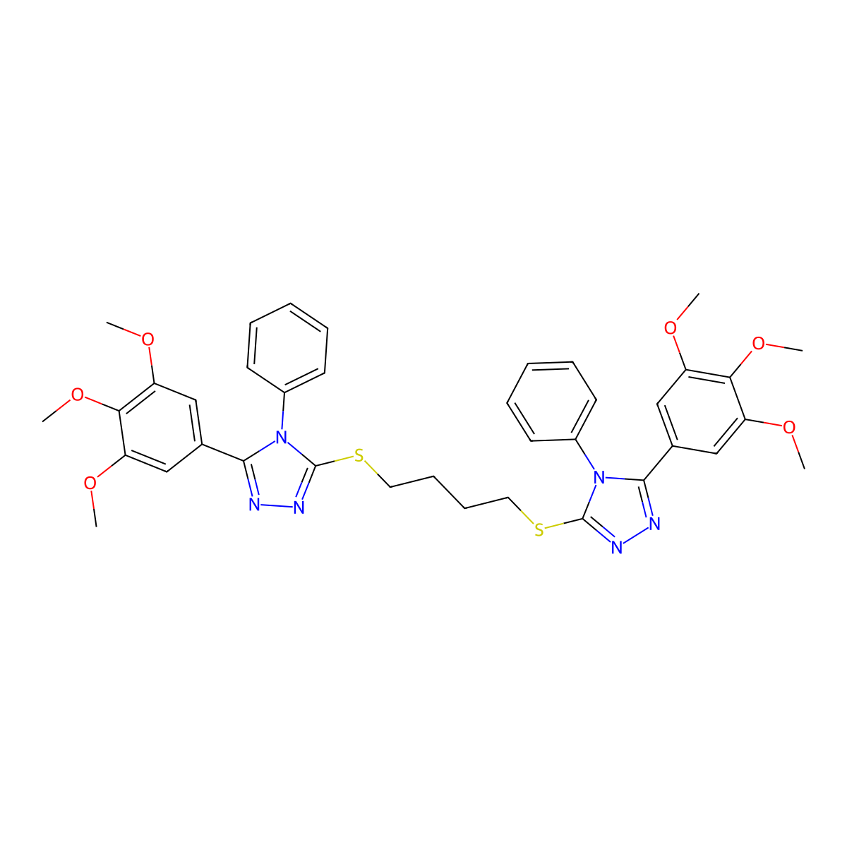 1,4-bis((4-phenyl-5-(3,4,5-trimethoxyphenyl)-4H-1,2,4-triazol-3-yl)thio)butane molecular structure, CAS 489462-46-6