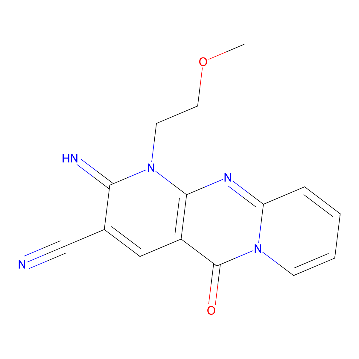 2-Imino-1-(2-methoxyethyl)-5-oxo-1,5-dihydro-2H-dipyrido(1,2-A:2,3-D)pyrimidine-3-carbonitrile molecular structure, CAS 489462-77-3