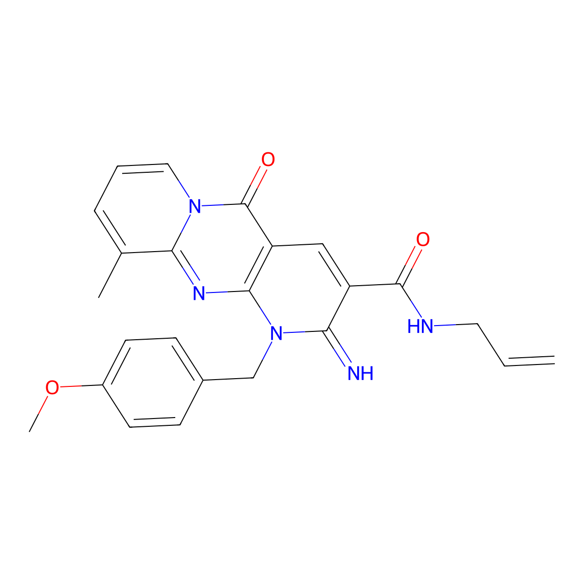 {2-imino-1-[(4-methoxyphenyl)methyl]-10-methyl-5-oxo(1,6-dihydropyridino[2,3-d]pyridino[1,2-a]pyrimidin-3-yl)}-N-prop-2-enylcarboxamide molecular structure, CAS 489462-81-9