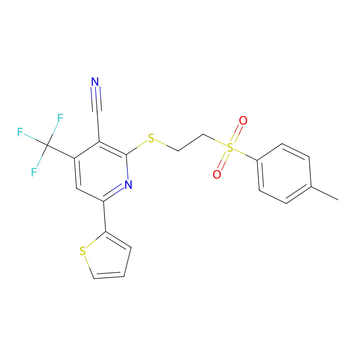 2-[2-(4-Methylphenyl)sulfonylethylsulfanyl]-6-thiophen-2-yl-4-(trifluoromethyl)pyridine-3-carbonitrile molecular structure, CAS 489463-23-2