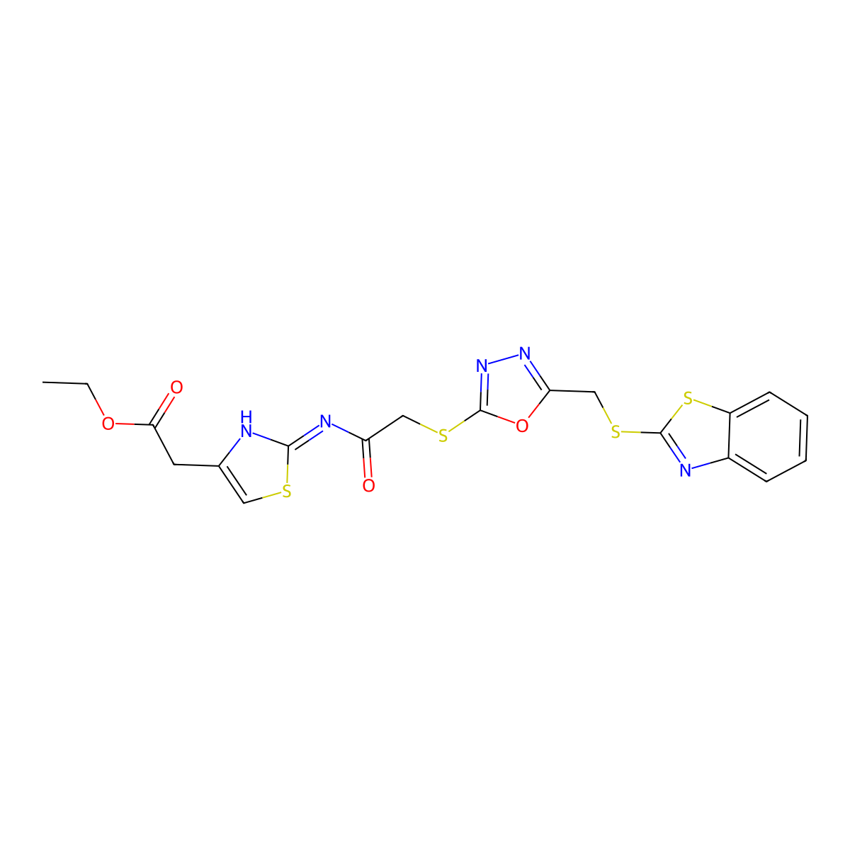 Ethyl (2-{[({5-[(1,3-benzothiazol-2-ylsulfanyl)methyl]-1,3,4-oxadiazol-2-yl}sulfanyl)acetyl]amino}-1,3-thiazol-4-yl)acetate molecular structure, CAS 489463-29-8