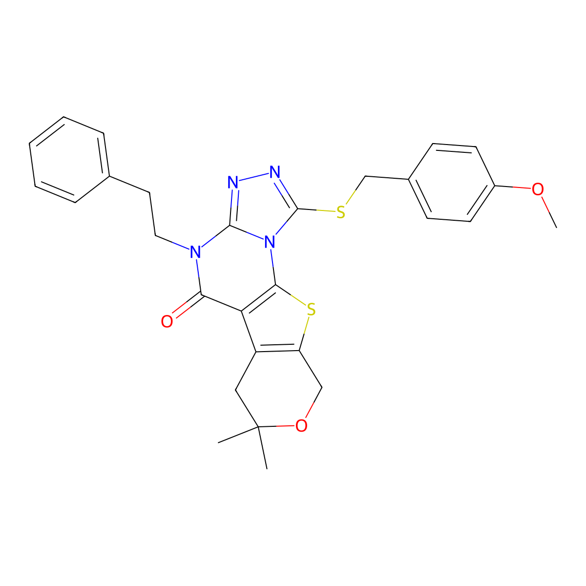 1-((4-methoxybenzyl)thio)-7,7-dimethyl-4-phenethyl-6,7-dihydro-4H-pyrano[4',3':4,5]thieno[3,2-e][1,2,4]triazolo[4,3-a]pyrimidin-5(9H)-one molecular structure, CAS 489463-36-7