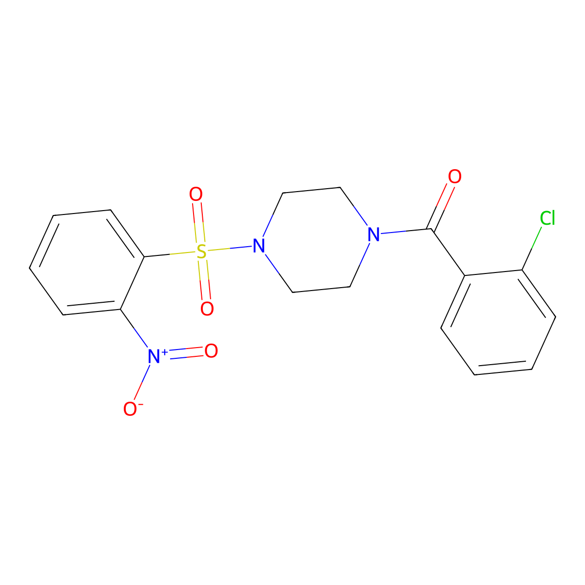 (2-Chlorophenyl)-[4-(2-nitrophenyl)sulfonylpiperazin-1-yl]methanone molecular structure, CAS 489463-40-3