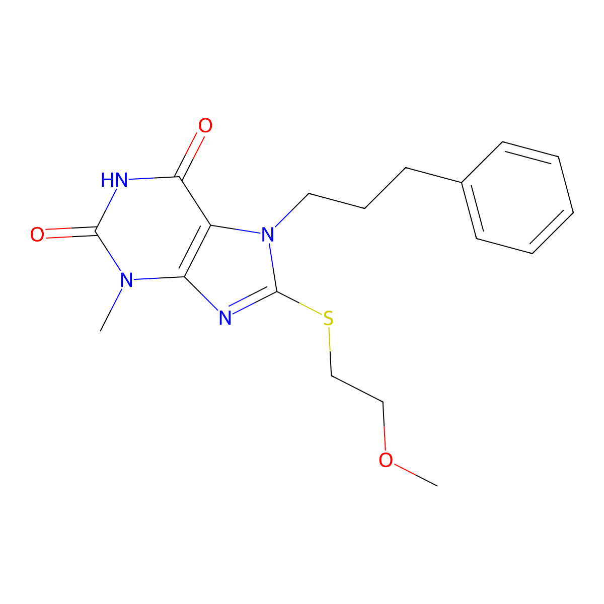 8-((2-methoxyethyl)thio)-3-methyl-7-(3-phenylpropyl)-1H-purine-2,6(3H,7H)-dione molecular structure, CAS 489464-12-2