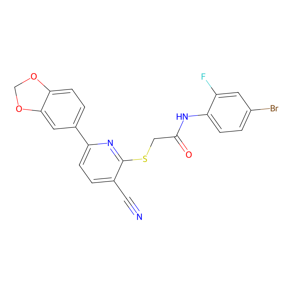 2-[6-(1,3-benzodioxol-5-yl)-3-cyanopyridin-2-yl]sulfanyl-N-(4-bromo-2-fluorophenyl)acetamide molecular structure, CAS 489464-46-2