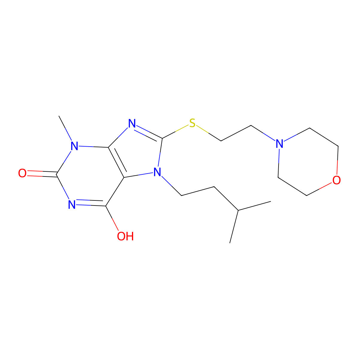 7-isopentyl-3-methyl-8-((2-morpholinoethyl)thio)-1H-purine-2,6(3H,7H)-dione molecular structure, CAS 489464-59-7