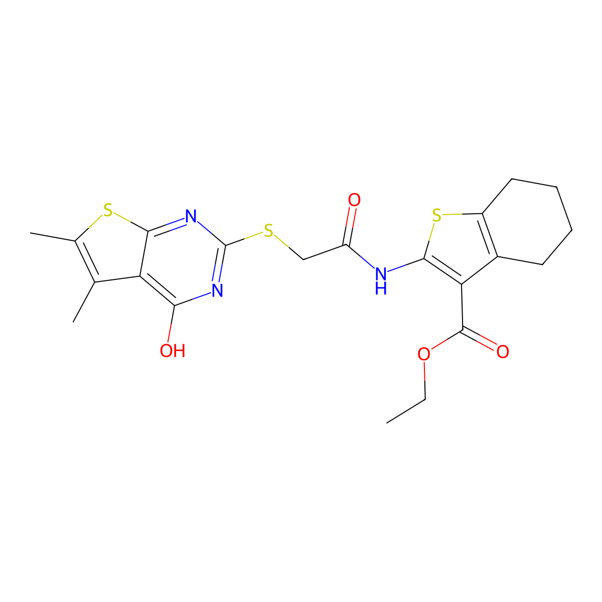ethyl 2-[[2-[(5,6-dimethyl-4-oxo-3H-thieno[2,3-d]pyrimidin-2-yl)sulfanyl]acetyl]amino]-4,5,6,7-tetrahydro-1-benzothiophene-3-carboxylate molecular structure, CAS 489464-95-1