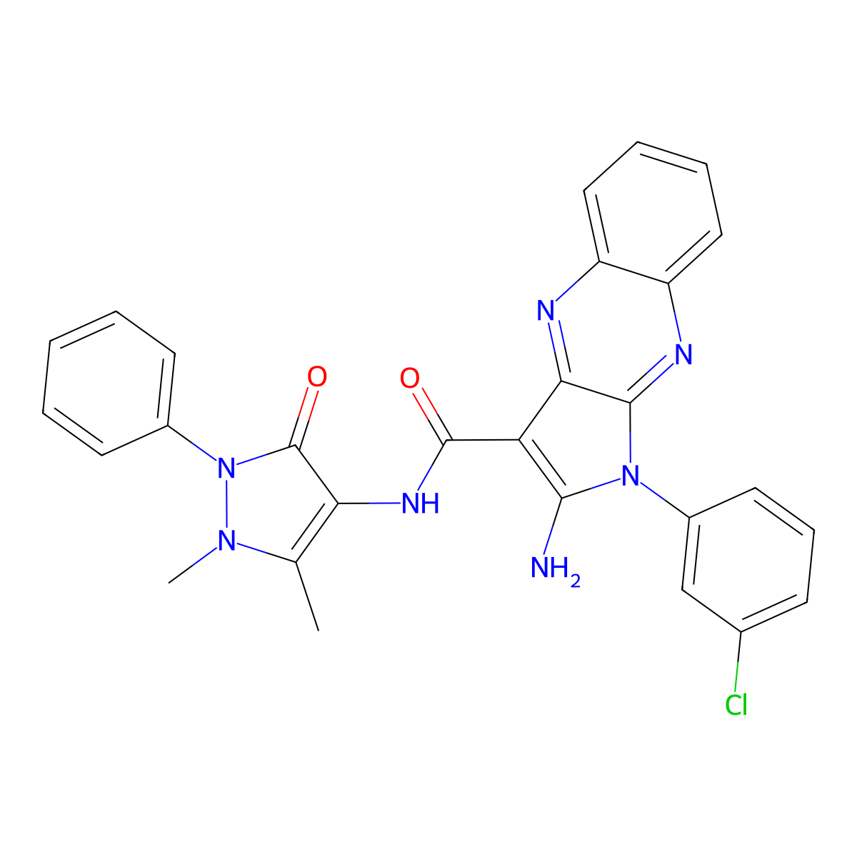 2-amino-1-(3-chlorophenyl)-N-(1,5-dimethyl-3-oxo-2-phenyl-2,3-dihydro-1H-pyrazol-4-yl)-1H-pyrrolo[2,3-b]quinoxaline-3-carboxamide molecular structure, CAS 489465-21-6