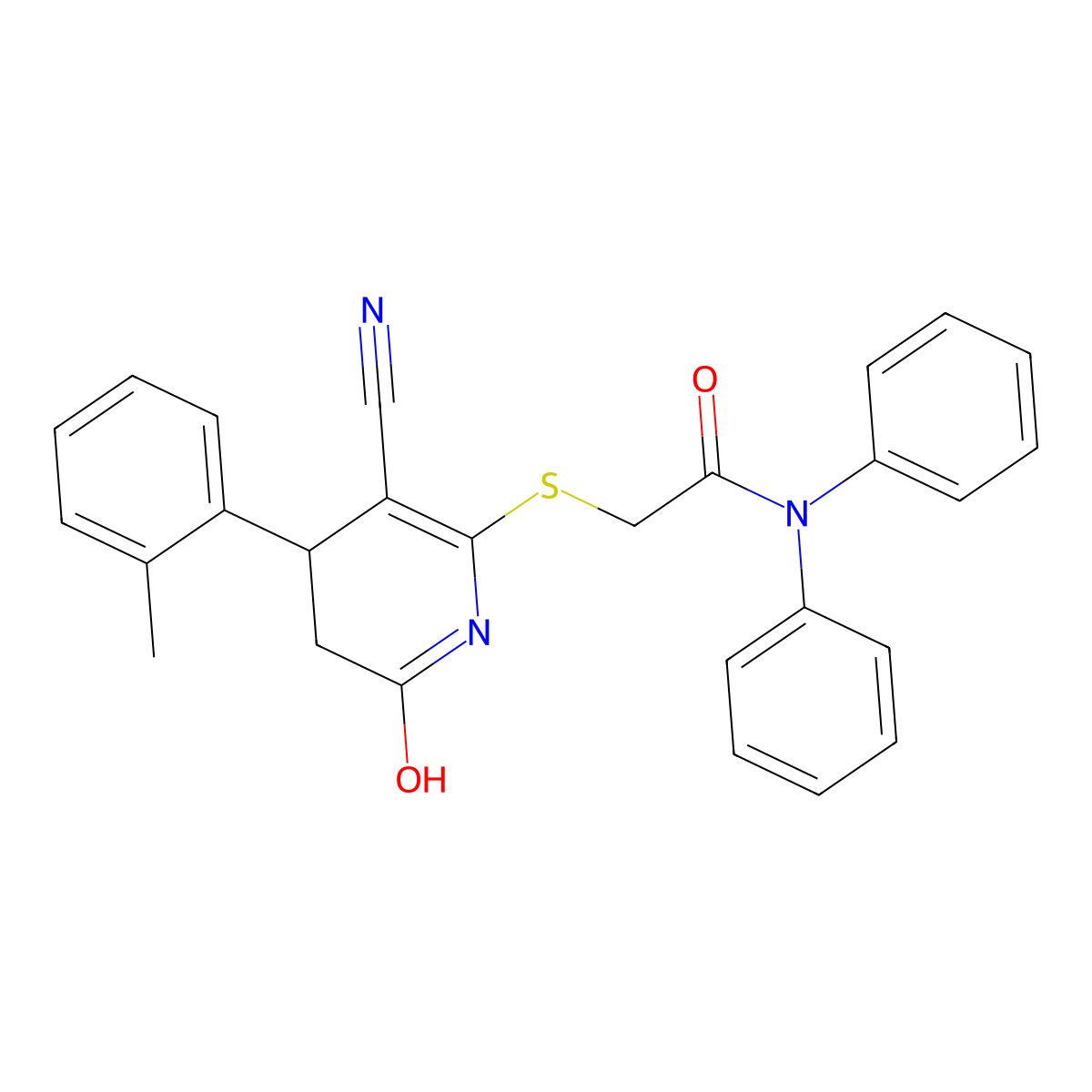 2-((3-cyano-6-oxo-4-(o-tolyl)-1,4,5,6-tetrahydropyridin-2-yl)thio)-N,N-diphenylacetamide molecular structure, CAS 489466-12-8