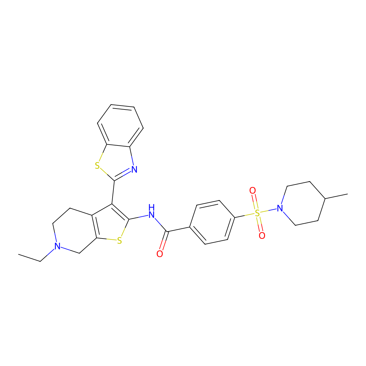 N-(3-(benzo[d]thiazol-2-yl)-6-ethyl-4,5,6,7-tetrahydrothieno[2,3-c]pyridin-2-yl)-4-((4-methylpiperidin-1-yl)sulfonyl)benzamide molecular structure, CAS 489470-46-4
