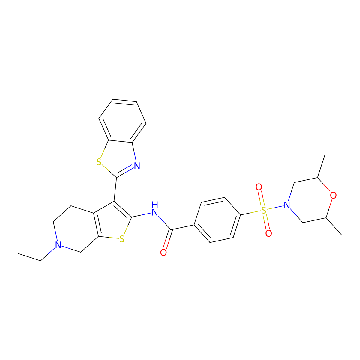 N-(3-(benzo[d]thiazol-2-yl)-6-ethyl-4,5,6,7-tetrahydrothieno[2,3-c]pyridin-2-yl)-4-((2,6-dimethylmorpholino)sulfonyl)benzamide molecular structure, CAS 489470-50-0