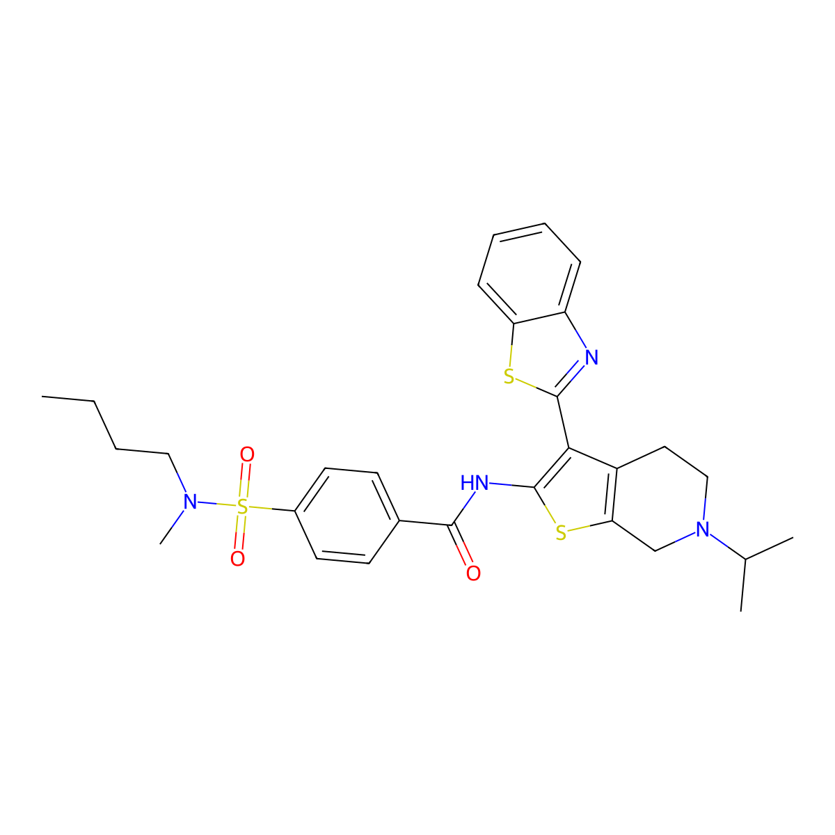 N-(3-(benzo[d]thiazol-2-yl)-6-isopropyl-4,5,6,7-tetrahydrothieno[2,3-c]pyridin-2-yl)-4-(N-butyl-N-methylsulfamoyl)benzamide molecular structure, CAS 489470-96-4