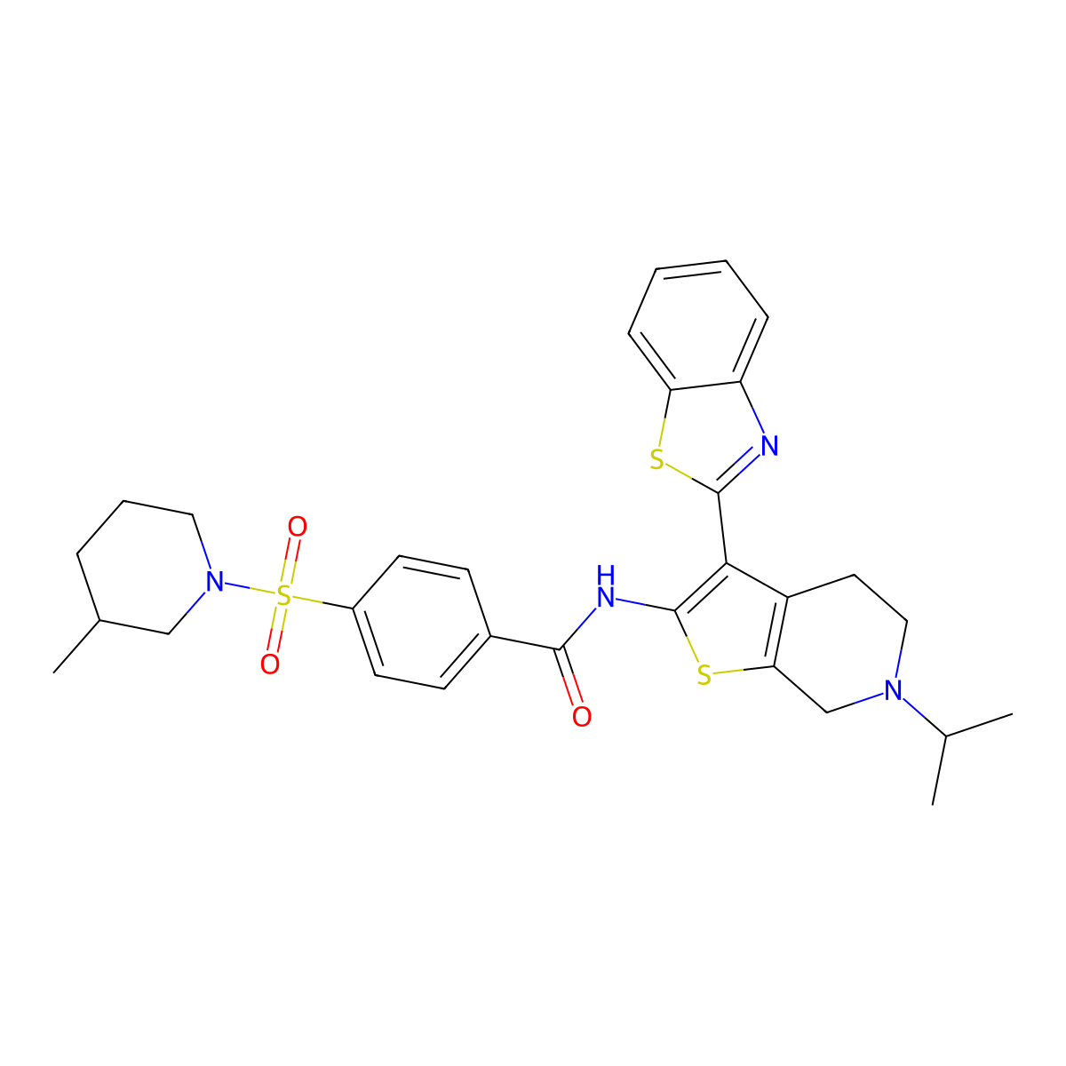 N-(3-(benzo[d]thiazol-2-yl)-6-isopropyl-4,5,6,7-tetrahydrothieno[2,3-c]pyridin-2-yl)-4-((3-methylpiperidin-1-yl)sulfonyl)benzamide molecular structure, CAS 489471-02-5