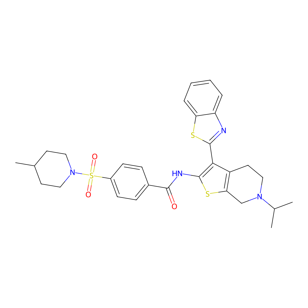 N-(3-(benzo[d]thiazol-2-yl)-6-isopropyl-4,5,6,7-tetrahydrothieno[2,3-c]pyridin-2-yl)-4-((4-methylpiperidin-1-yl)sulfonyl)benzamide molecular structure, CAS 489471-03-6