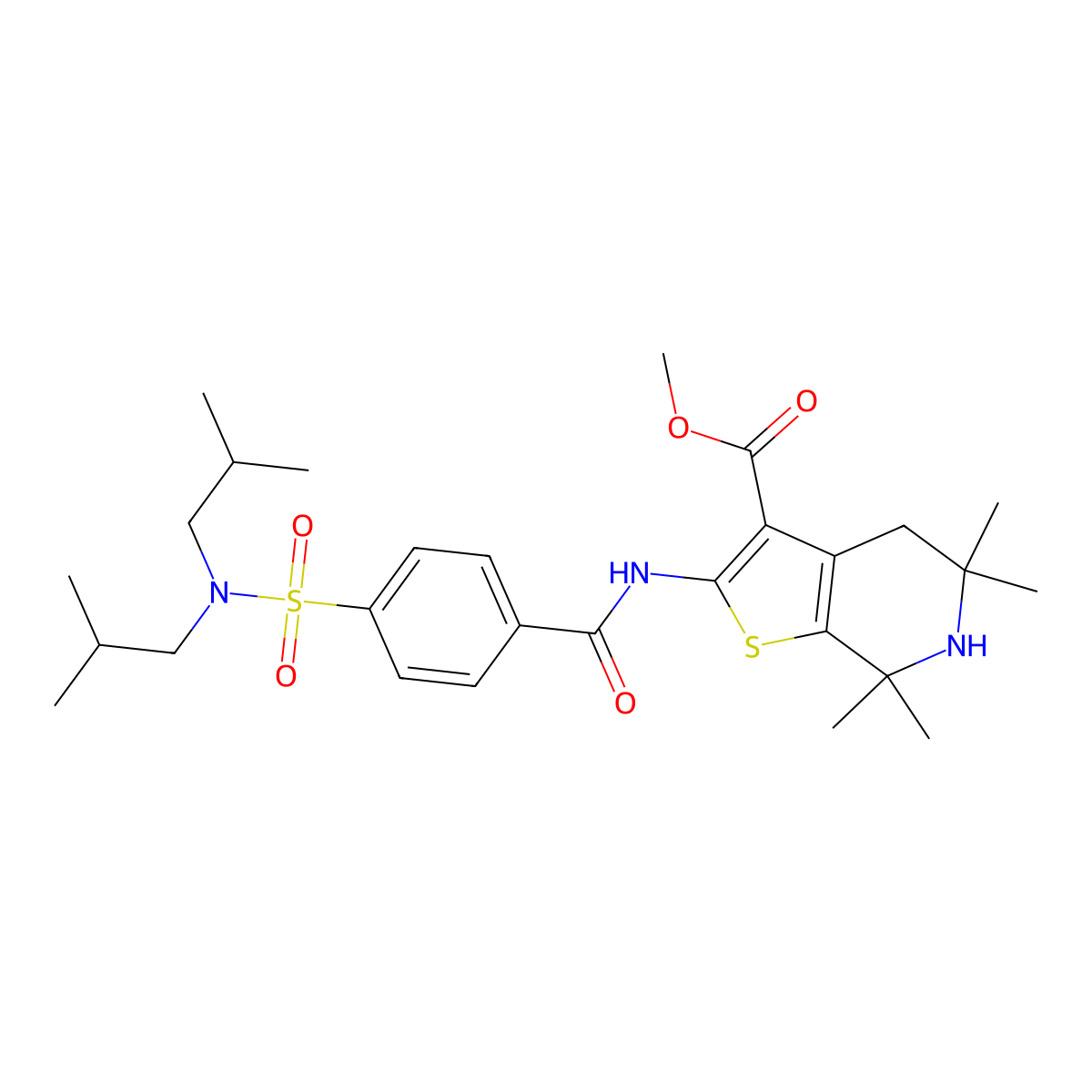 Methyl 2-[[4-[bis(2-methylpropyl)sulfamoyl]benzoyl]amino]-5,5,7,7-tetramethyl-4,6-dihydrothieno[2,3-c]pyridine-3-carboxylate molecular structure, CAS 489471-13-8