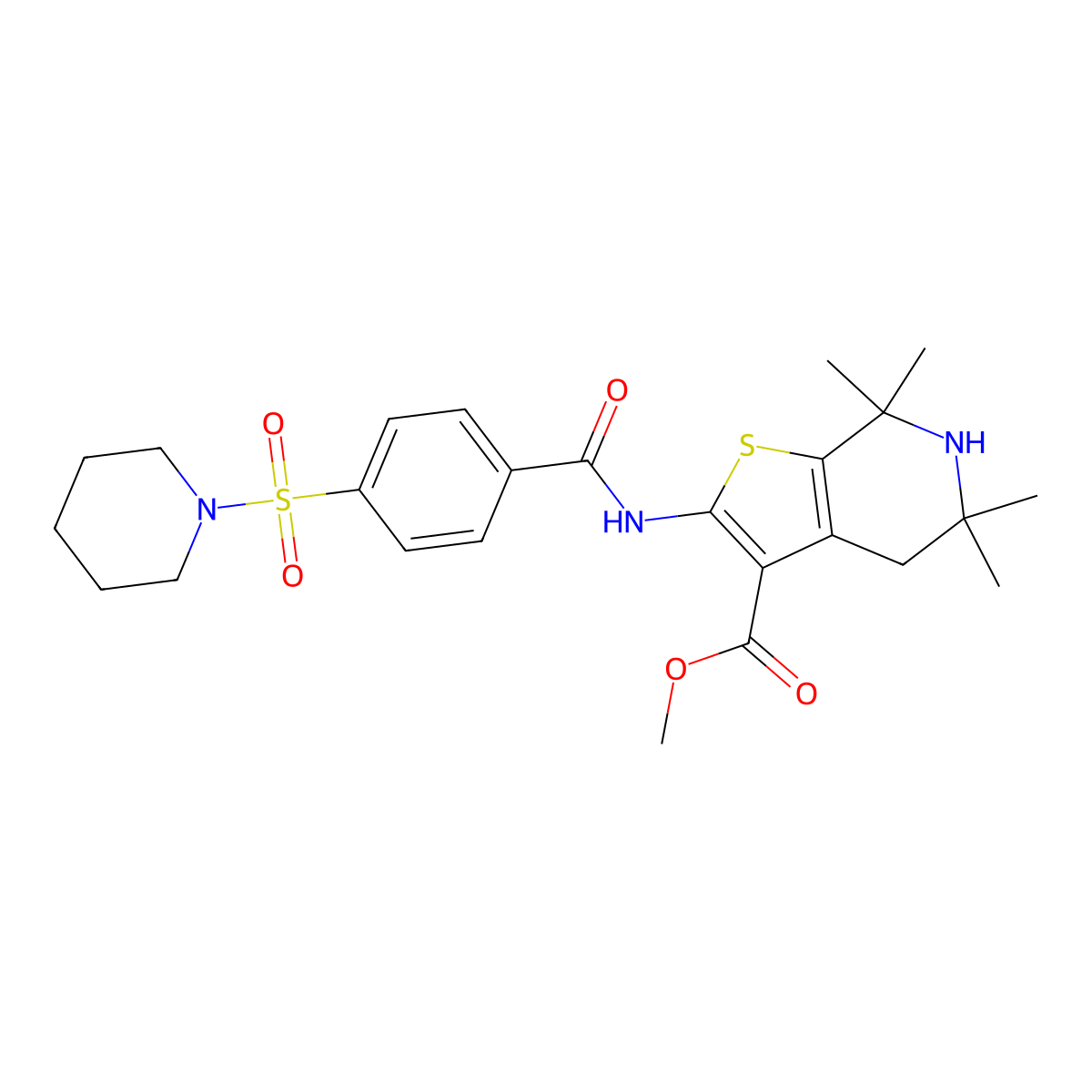 Methyl 5,5,7,7-tetramethyl-2-[(4-piperidin-1-ylsulfonylbenzoyl)amino]-4,6-dihydrothieno[2,3-c]pyridine-3-carboxylate molecular structure, CAS 489471-18-3