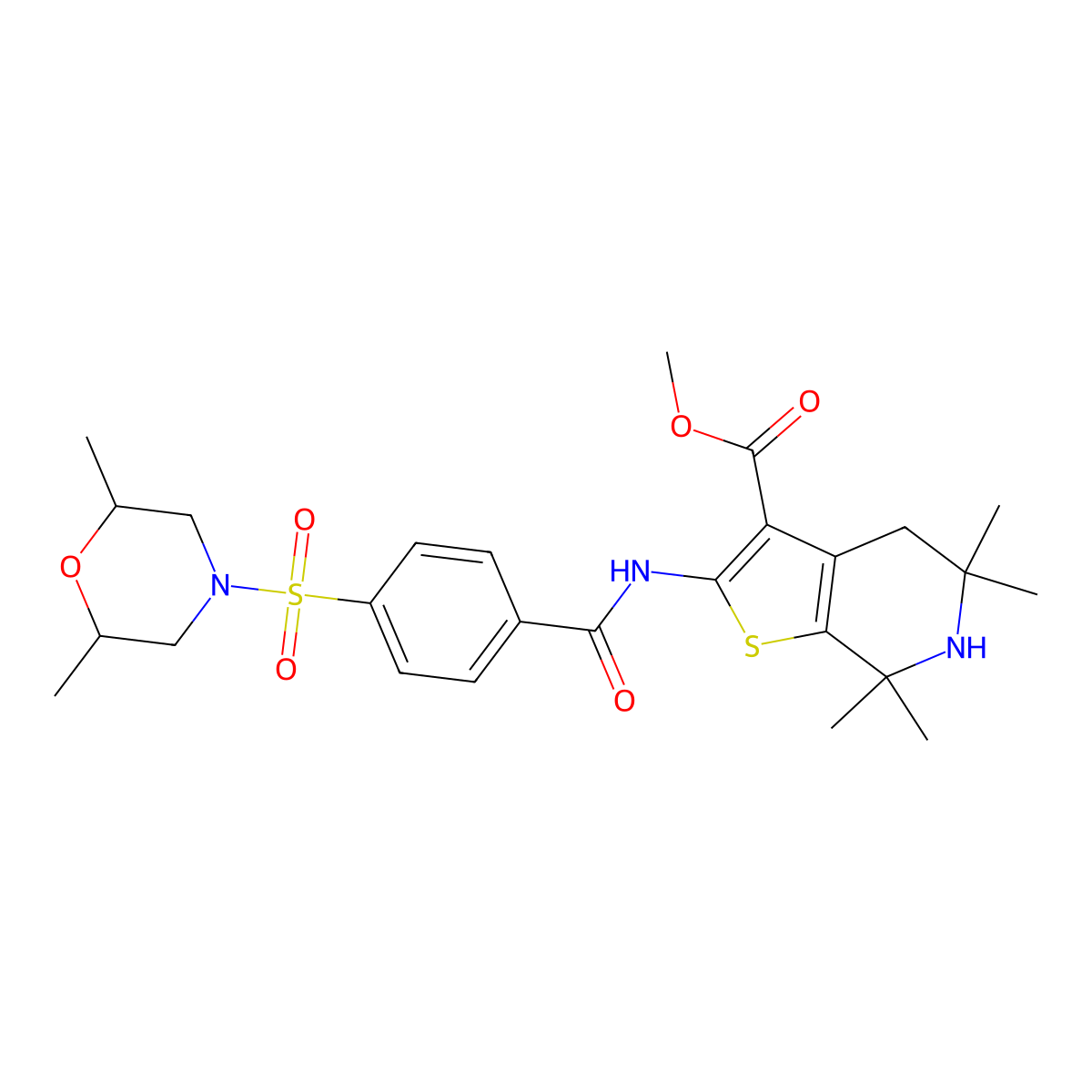 Methyl 2-(4-((2,6-dimethylmorpholino)sulfonyl)benzamido)-5,5,7,7-tetramethyl-4,5,6,7-tetrahydrothieno[2,3-c]pyridine-3-carboxylate molecular structure, CAS 489471-20-7