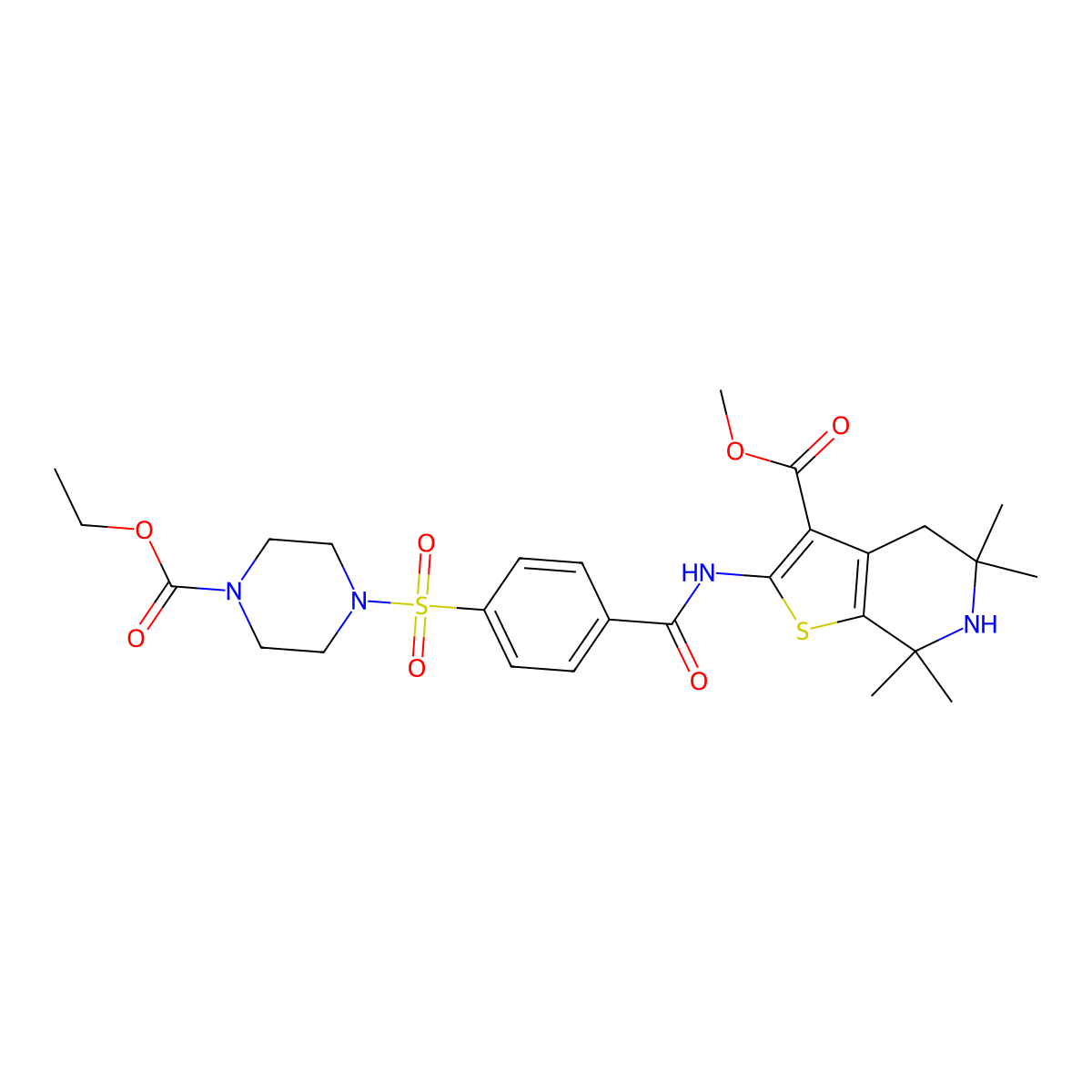 Methyl 2-(4-((4-(ethoxycarbonyl)piperazin-1-yl)sulfonyl)benzamido)-5,5,7,7-tetramethyl-4,5,6,7-tetrahydrothieno[2,3-c]pyridine-3-carboxylate molecular structure, CAS 489471-22-9