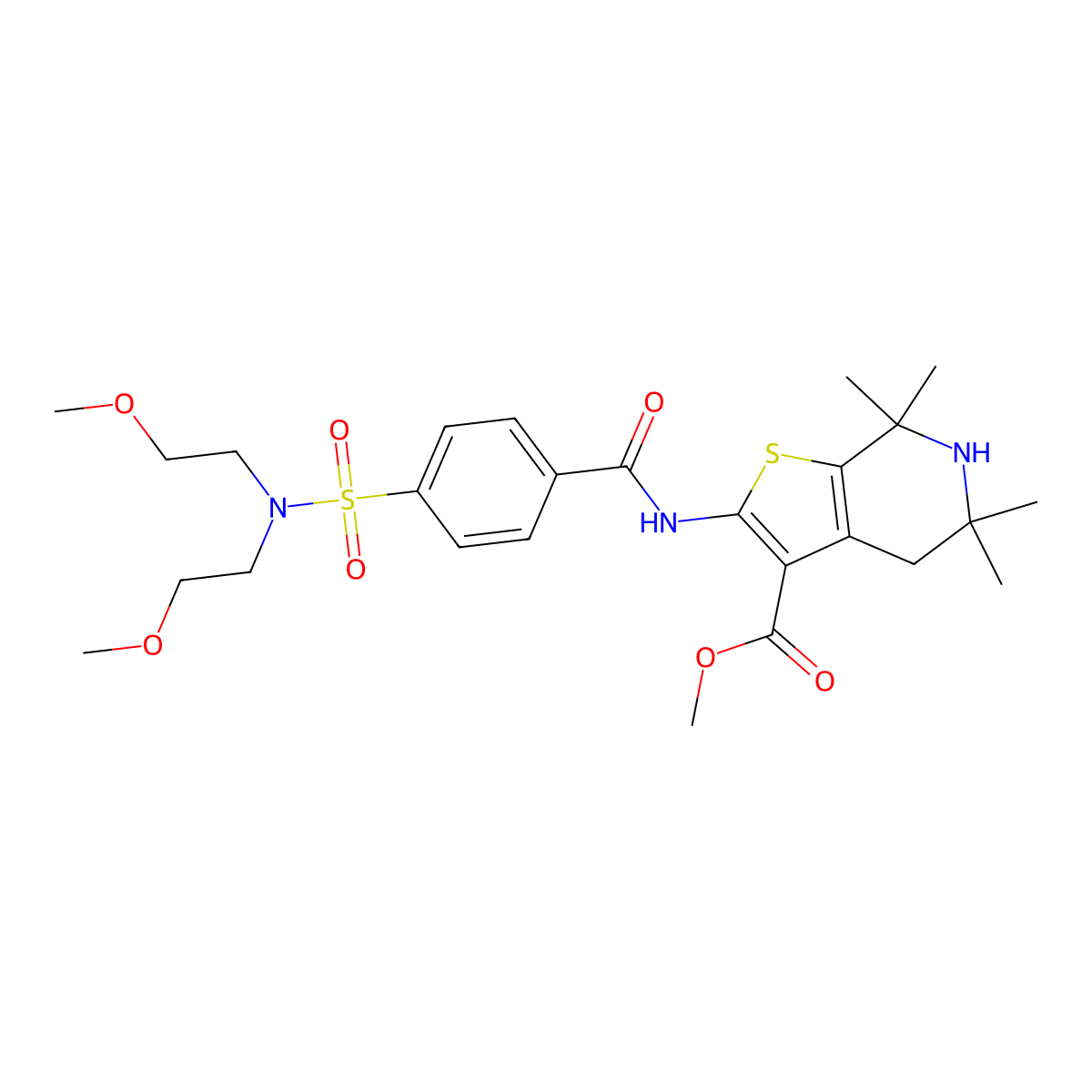 Methyl 2-[[4-[bis(2-methoxyethyl)sulfamoyl]benzoyl]amino]-5,5,7,7-tetramethyl-4,6-dihydrothieno[2,3-c]pyridine-3-carboxylate molecular structure, CAS 489471-23-0