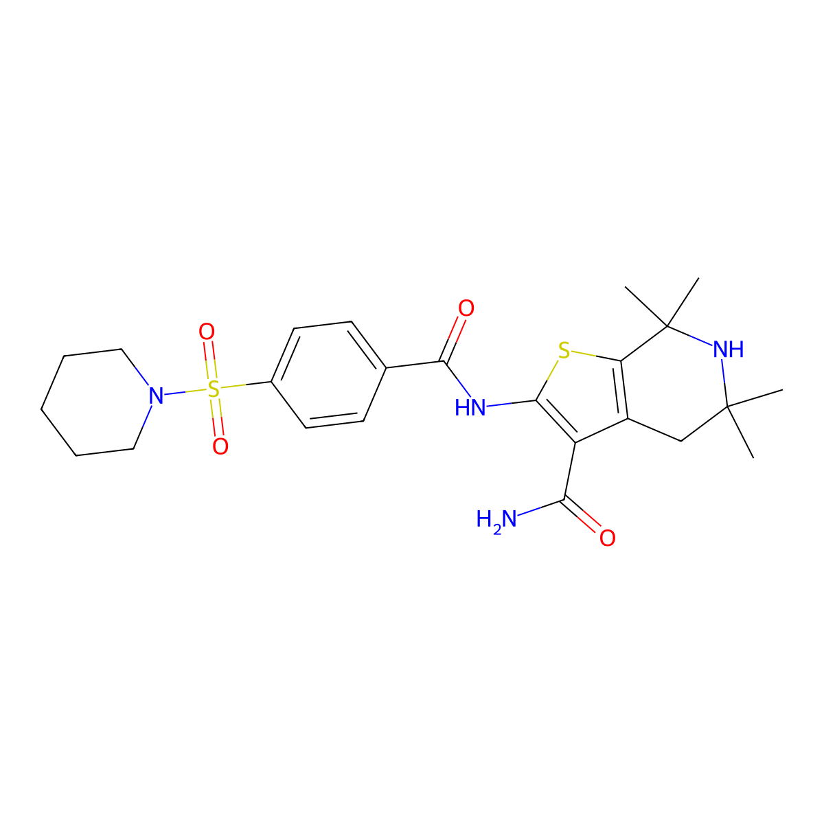 5,5,7,7-Tetramethyl-2-(4-(piperidin-1-ylsulfonyl)benzamido)-4,5,6,7-tetrahydrothieno[2,3-c]pyridine-3-carboxamide molecular structure, CAS 489471-34-3