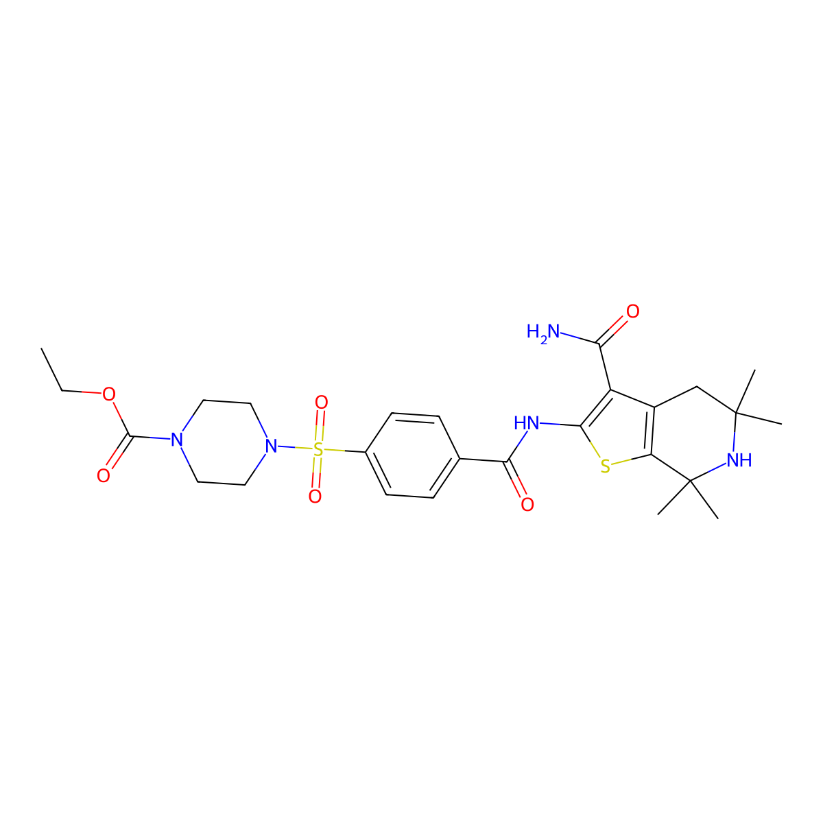 Ethyl 4-[4-[(3-carbamoyl-5,5,7,7-tetramethyl-4,6-dihydrothieno[2,3-c]pyridin-2-yl)carbamoyl]phenyl]sulfonylpiperazine-1-carboxylate molecular structure, CAS 489471-38-7