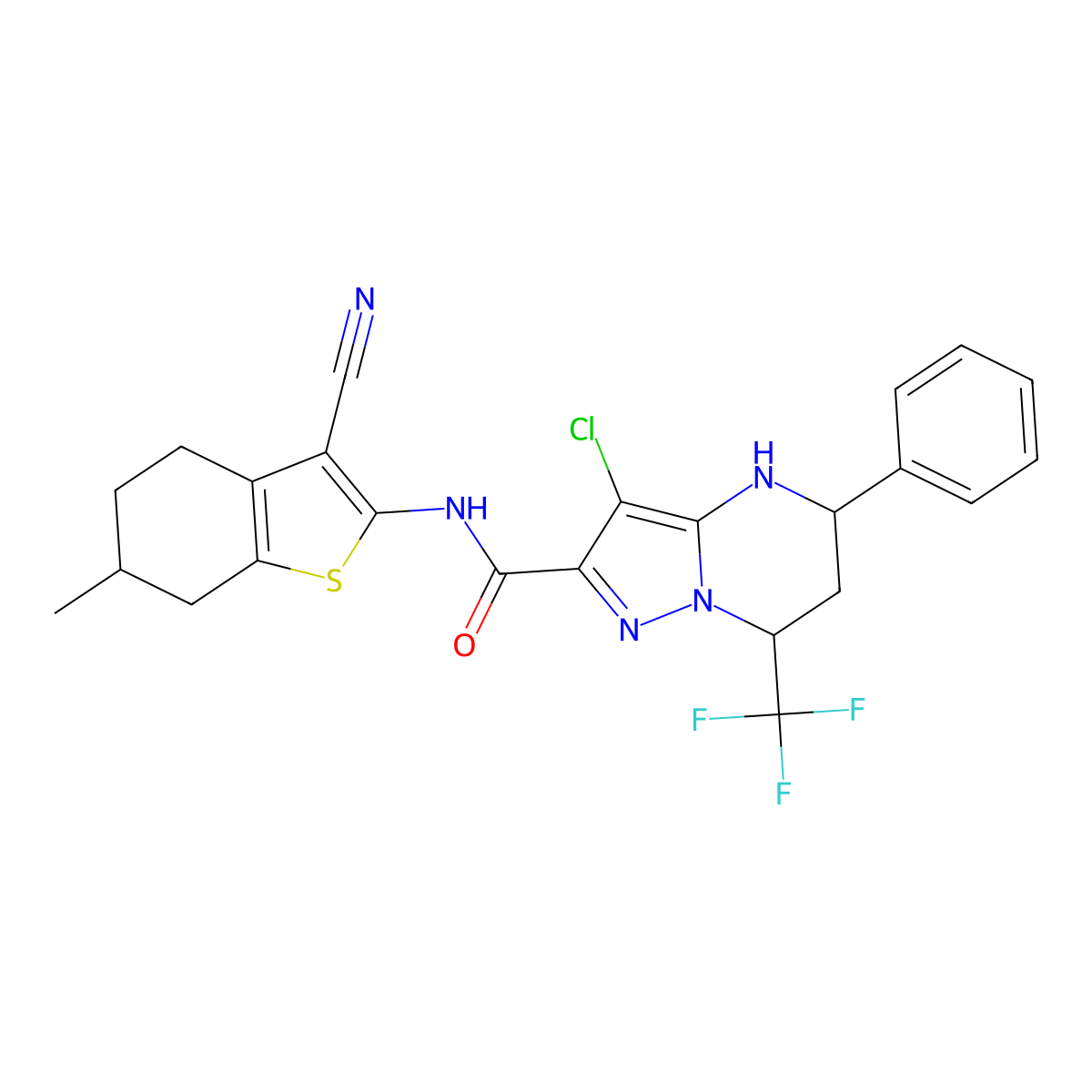 3-chloro-N-(3-cyano-6-methyl-4,5,6,7-tetrahydro-1-benzothien-2-yl)-5-phenyl-7-(trifluoromethyl)-4,5,6,7-tetrahydropyrazolo[1,5-a]pyrimidine-2-carboxamide molecular structure, CAS 490013-20-2