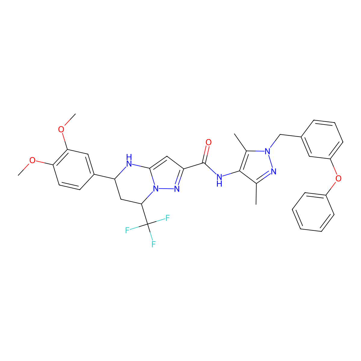 5-(3,4-dimethoxyphenyl)-N-(3,5-dimethyl-1-(3-phenoxybenzyl)-1H-pyrazol-4-yl)-7-(trifluoromethyl)-4,5,6,7-tetrahydropyrazolo[1,5-a]pyrimidine-2-carboxamide molecular structure, CAS 490013-22-4
