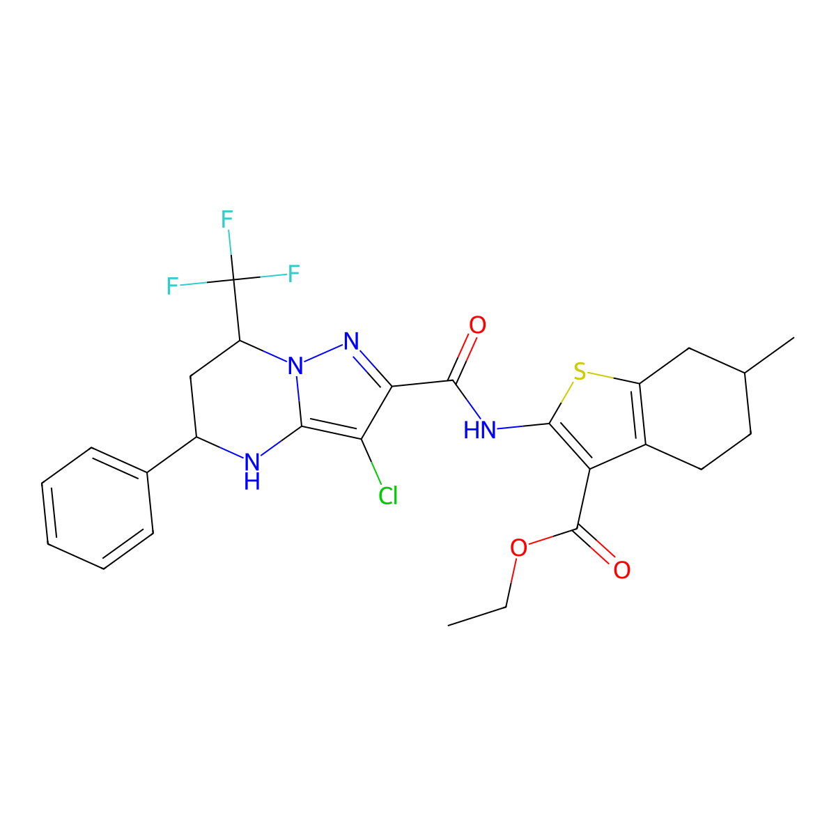 Ethyl 2-({[3-chloro-5-phenyl-7-(trifluoromethyl)-4,5,6,7-tetrahydropyrazolo[1,5-a]pyrimidin-2-yl]carbonyl}amino)-6-methyl-4,5,6,7-tetrahydro-1-benzothiophene-3-carboxylate molecular structure, CAS 490013-23-5