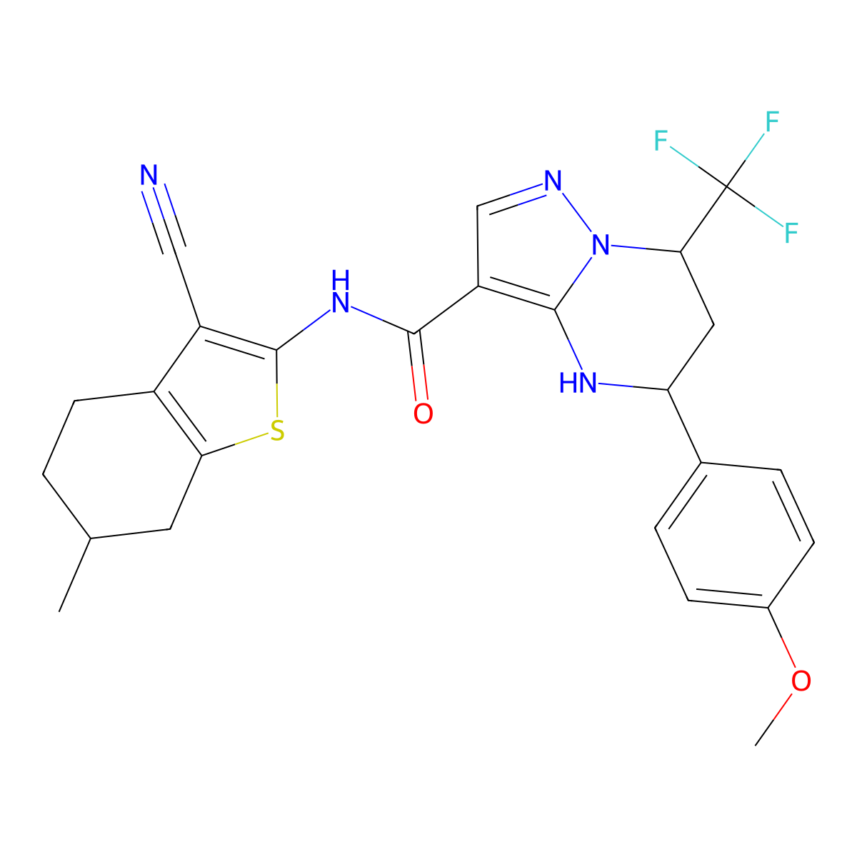 N-(3-cyano-6-methyl-4,5,6,7-tetrahydro-1-benzothien-2-yl)-5-(4-methoxyphenyl)-7-(trifluoromethyl)-4,5,6,7-tetrahydropyrazolo[1,5-a]pyrimidine-3-carboxamide molecular structure, CAS 490013-24-6