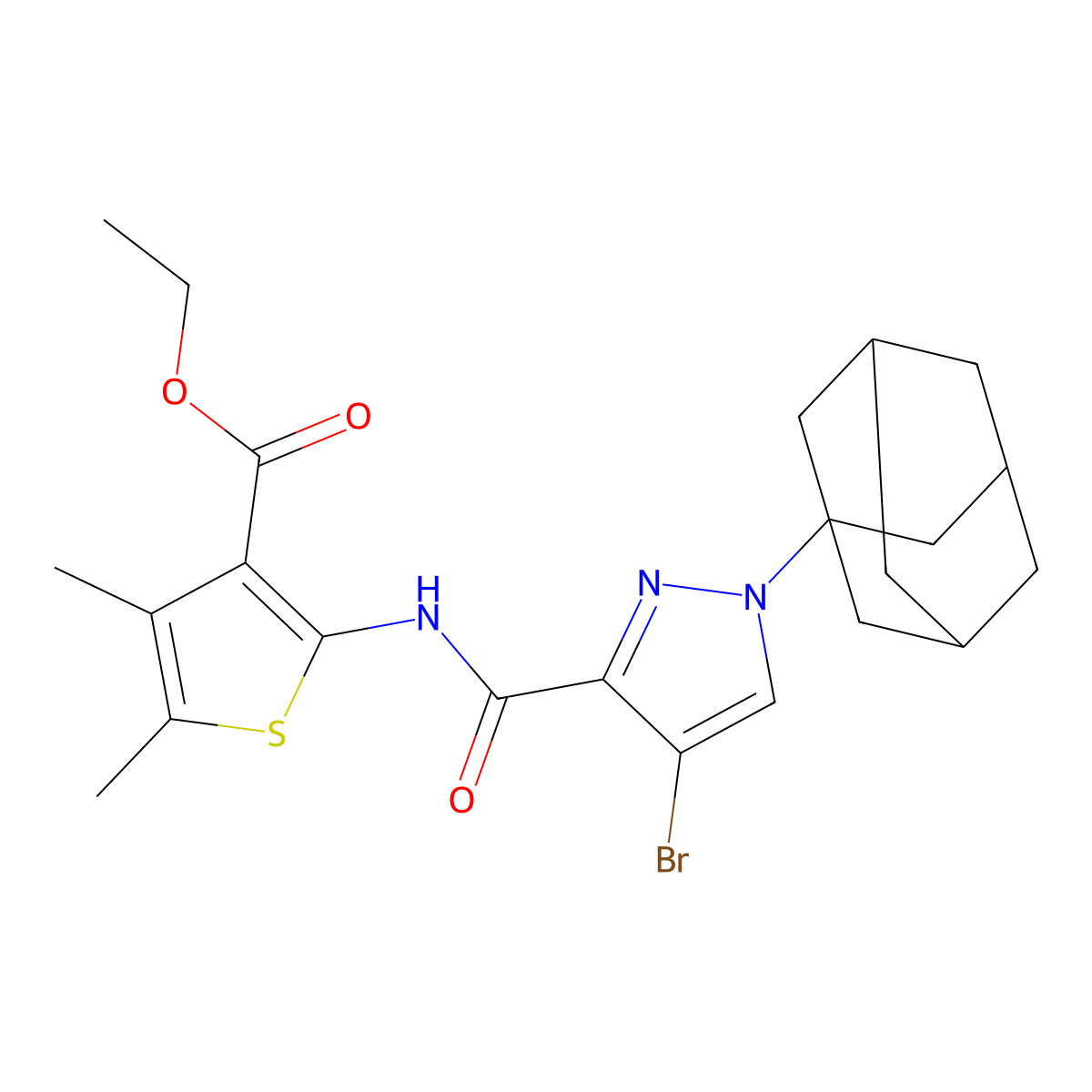 ethyl 2-({[1-(1-adamantyl)-4-bromo-1H-pyrazol-3-yl]carbonyl}amino)-4,5-dimethyl-3-thiophenecarboxylate molecular structure, CAS 490013-26-8